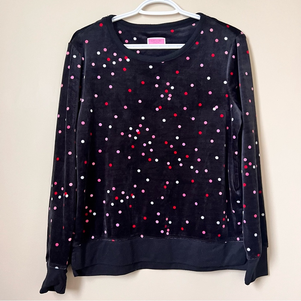 Kate Spade Black Velour Pajama Top with Pink and Red Polka Dots